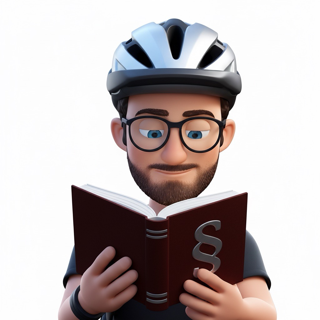 Das Bild zeigt einen stilisierten Cartoon-Mann, der ein Fahrradhelm trägt und ein Buch liest. Das Buch scheint ein Gesetzbuch darzustellen, da ein Paragraphenzeichen auf dem Einband zu sehen ist. Der Mann trägt zudem eine Brille und hat einen Bart. Sein Gesichtsausdruck wirkt leicht amüsiert oder interessiert, während er das Buch liest. Die Darstellung ist in einem 3D-Rendering-Stil gehalten, was dem Bild eine gewisse Lebendigkeit verleiht.