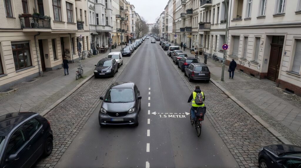 Das Bild zeigt eine Berliner Straße mit geparkten Autos an beiden Seiten und einem Fahrradfahrer mit Warnweste, der von einem Auto überholt wird. Zwischen dem Auto und dem Fahrradfahrer ist ein Sicherheitsabstand von 1,5 Metern markiert.