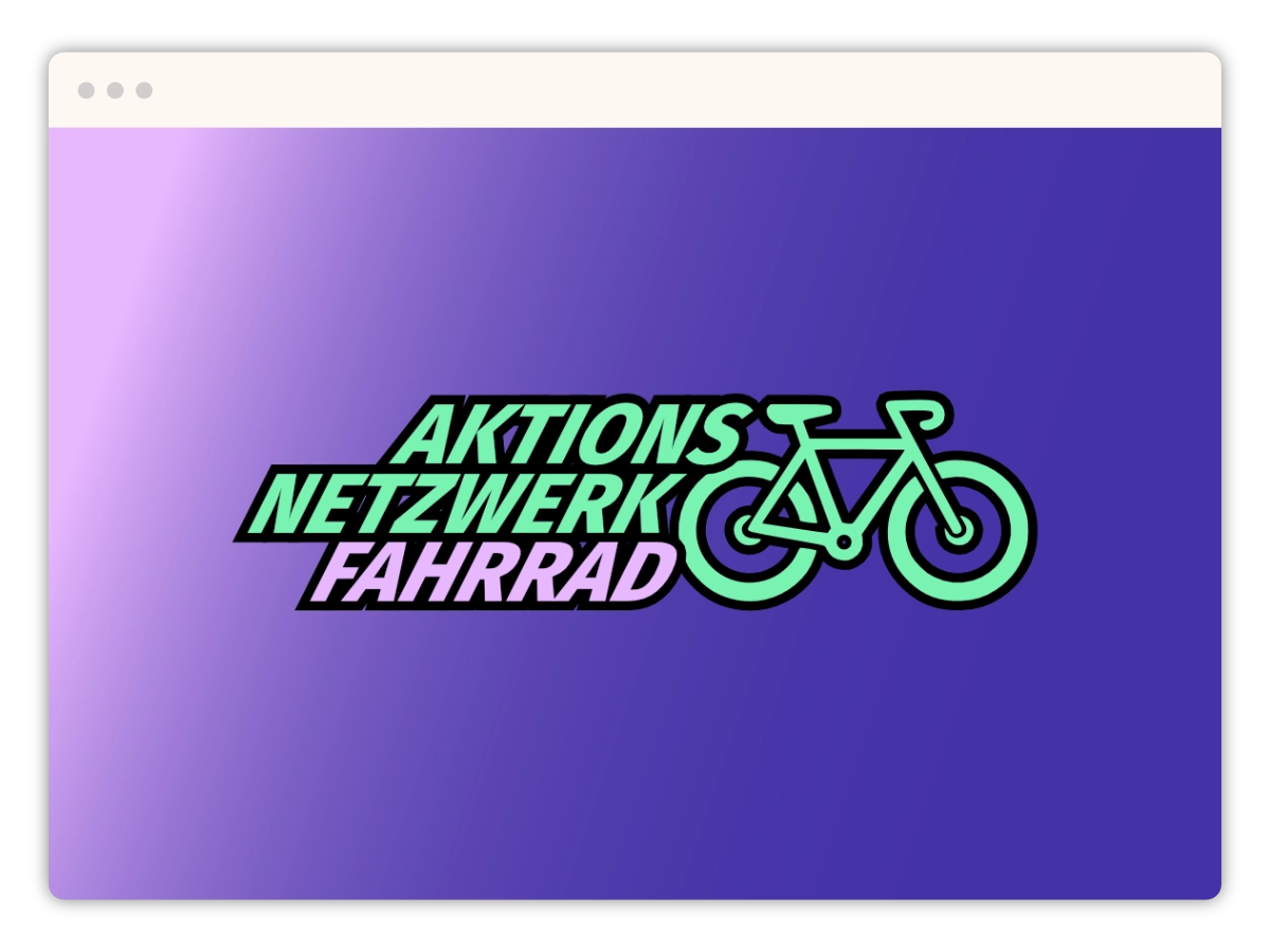 Das Bild zeigt ein Logo für das "Aktionsnetzwerk Fahrrad" mit einem Fahrrad-Symbol auf einem violetten Hintergrund.