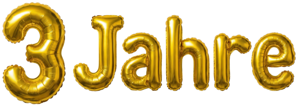 Text "3 Jahre" in goldenen Ballons