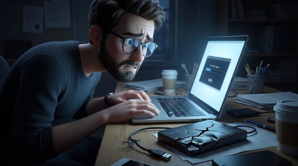 Ein Mann ist frustriert, als er auf seinem Laptop arbeitet, während eine externe Festplatte daneben beschädigt ist. Das Bild zeigt einen Mann mittleren Alters mit Bart und Brille, der mit besorgter Miene vor einem Laptop sitzt und tippt. Seine Augen sind weit aufgerissen und sein Mund leicht geöffnet, was seine Frustration oder sein Unglück über die Situation ausdrückt. Er trägt ein dunkelblaues Pullover. Der Schreibtisch, an dem er sitzt, ist aus hellem Holz gefertigt. Auf dem Schreibtisch sind mehrere Gegenstände zu sehen: ein heller Laptop mit einem leuchtenden Bildschirm, auf dem ein Ladebalken zu sehen ist. Daneben befindet sich eine stark beschädigte schwarze externe Festplatte mit deutlichen Rissen und Verformungen, deren Kabel lose daneben liegt. Auch ein Smartphone, eine Kaffeetasse zum Mitnehmen und ein Stifteköcher mit Stiften sind zu erkennen. Im Hintergrund ist ein Bücherregal mit Ordnern zu sehen, was auf ein Büro oder Arbeitszimmer hindeutet. Die Beleuchtung ist düster und konzentriert sich auf den Arbeitsbereich, was eine angespannte und problematische Atmosphäre erzeugt. Die Farben sind überwiegend gedämpft, mit Blau- und Grautönen, die die Stimmung der Szene unterstreichen.