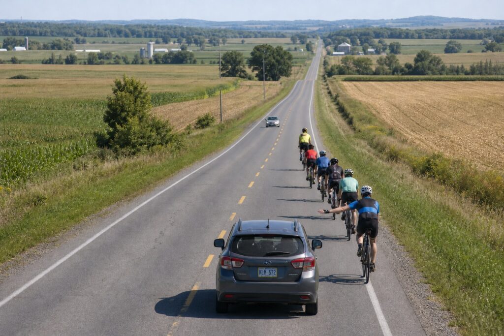 Eine Gruppe von Radfahrern fährt auf einer Landstraße durch eine ländliche Landschaft, verfolgt von einem Auto. Das Bild zeigt eine weitläufige ländliche Landschaft an einem sonnigen Tag. Eine asphaltierte Straße schlängelt sich durch Felder, die größtenteils von Getreide wie Mais und Weizen bedeckt sind. Im Hintergrund sind sanfte Hügel mit Bäumen und einige Farmgebäude zu sehen, darunter Silos. Eine Gruppe von sieben Radfahrern, alle mit Helmen und Sportkleidung, fährt in einer Reihe auf der rechten Fahrspur die Straße entlang, die sich in der Ferne auf einen Horizont zubewegt. Sie tragen helle und dunkle Kleidung, darunter Gelb-, Rot-, Blau-, Schwarz- und Türkistöne. Der vorderste Radfahrer im Vordergrund, der ein blaues und schwarzes Trikot trägt, streckt seinen linken Arm zur Seite aus, als würde er dem nachfolgenden Auto ein Zeichen geben. Direkt hinter den Radfahrern fährt ein dunkler SUV, möglicherweise ein Subaru, auf der Straße. Weiter entfernt auf der Straße ist ein einzelnes helles Auto zu sehen, das sich der Radfahrergruppe nähert. Die Atmosphäre ist ruhig und sportlich, die Stimmung ist friedlich, da die Radfahrer die Natur genießen und das Auto offensichtlich vorsichtig Abstand hält. Die Farben sind hell und lebendig, mit dem satten Grün der Felder und der leuchtenden Farben der Kleidung der Radfahrer im Kontrast zu den erdigen Gelb- und Brauntönen der trockeneren Felder und dem Grau der Straße und des Autos. Das Bild ist aus einer erhöhten Position aufgenommen, die den weiten Blick auf die Landschaft und die Straße ermöglicht und die Länge der Straße und die relative Kleinheit der Radfahrer und Autos im Verhältnis zur Größe der Landschaft betont.